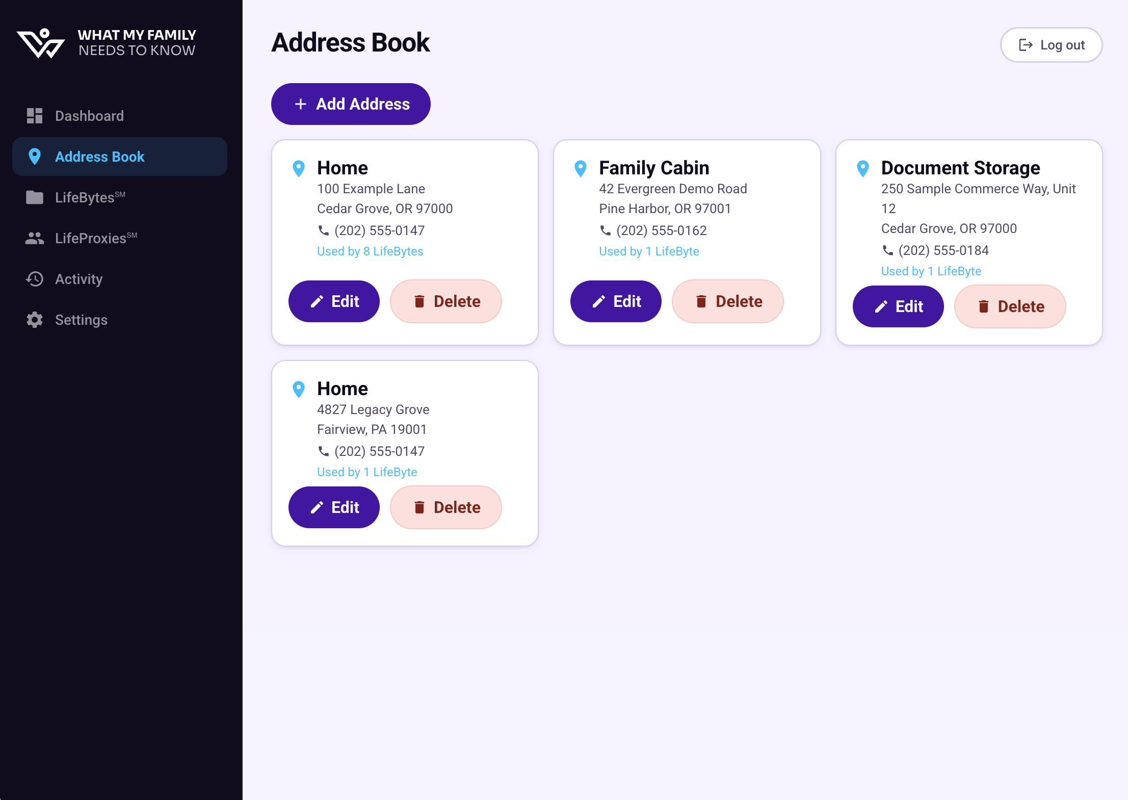 Address Book screen with reusable locations connected to family records