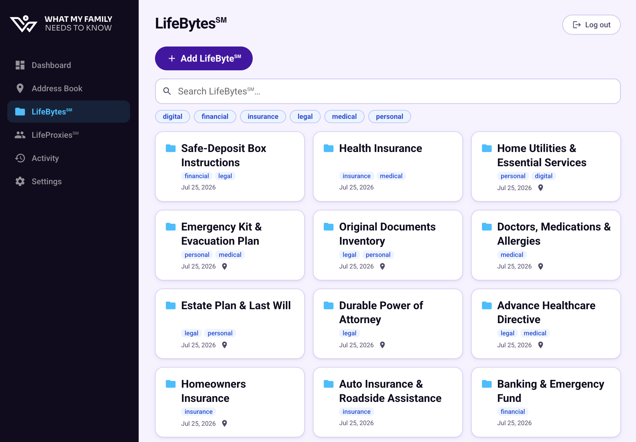 LifeBytes screen with organized records for insurance, legal, medical, financial, and personal information